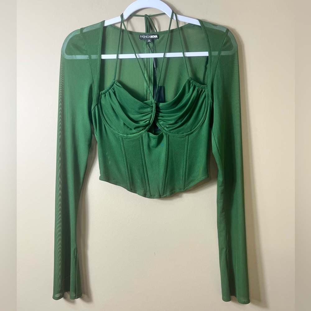 NWT Fashion Nova Melanie Mesh Corset Top Olive Green Size Medium Nightclub Y2K - Picture 2 of 9
